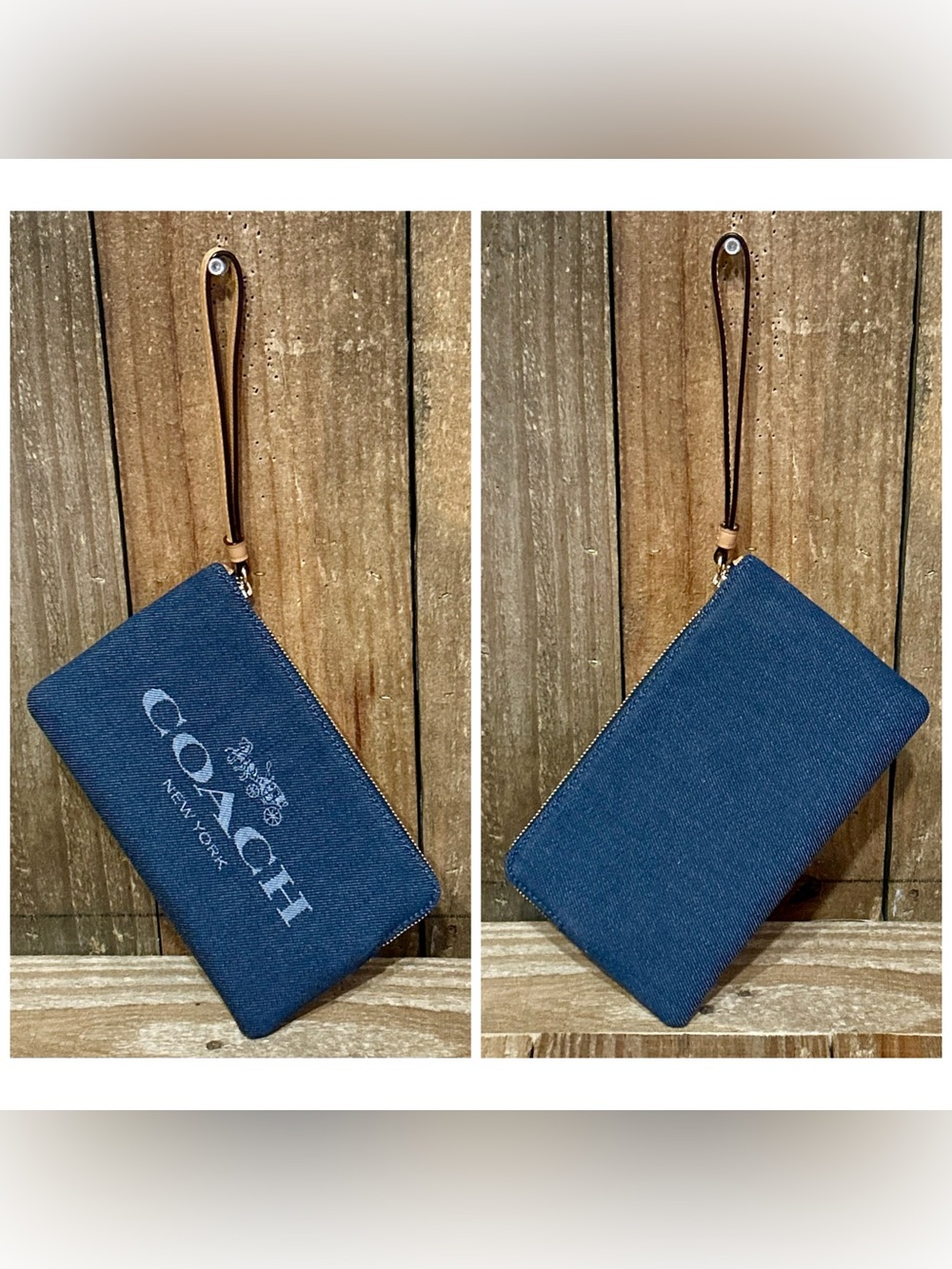 Coach Denim and Leather Large Signature Corner Zip Wristlet. - Picture 11 of 14